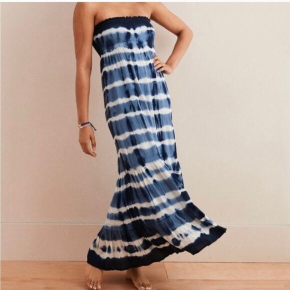 Aerie Tie Dye Crinkle Maxi Dress Navy Blue White Strapless Smocking Women's XS - Picture 1 of 11